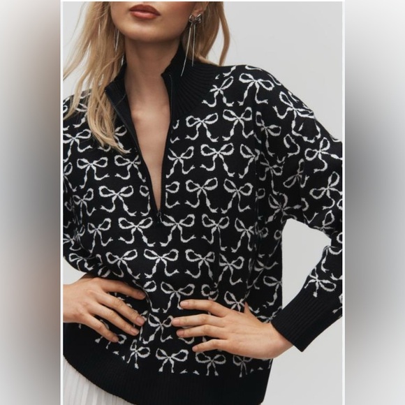 Anthropologie Maeve Montana Mock Neck Half Zip Sweater Black White Size XS - Picture 12 of 13